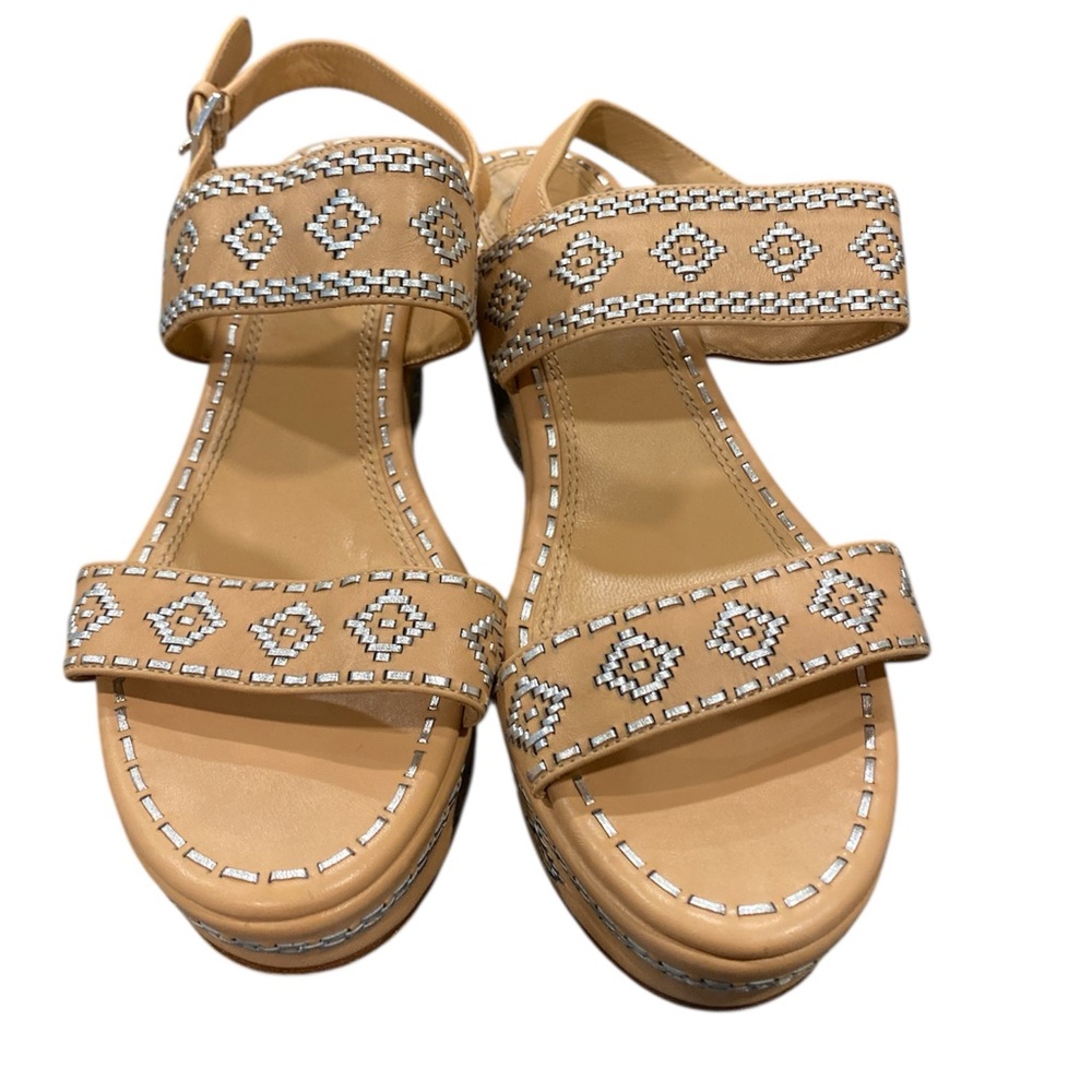 Tory Burch 80MM Natural Vachetta Leather Silver Woven Ankle Strap Wedge Heels 8